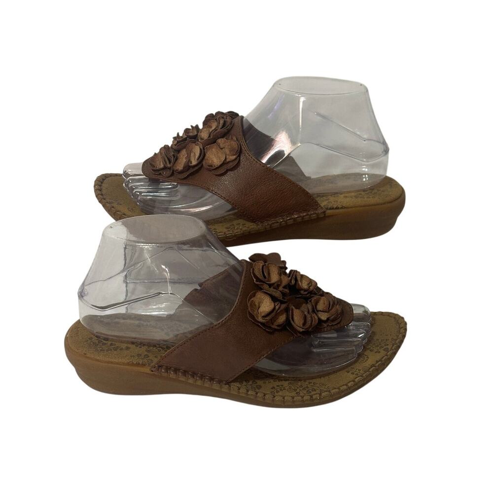HUSH PUPPIES Chocolate Brown Leather Rosette Flip Flop Thong Sandal 8 Artsy Boho